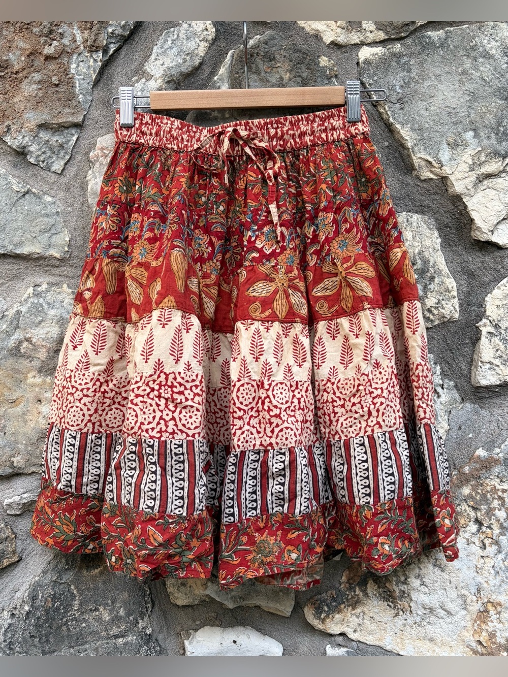 Tiered geo bohemian cotton elastic waist travel skirt sz SMALL euc, India,